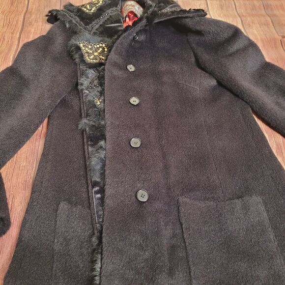 Olivine Gabbro Coat Womens 6 Black Alpaca Embellished Mid Length Rabbit Fur Trim - Picture 9 of 16